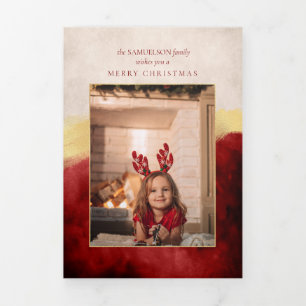 Elegant Artisan Red w/Gold Brush Streke Foto Drieluik Kaart