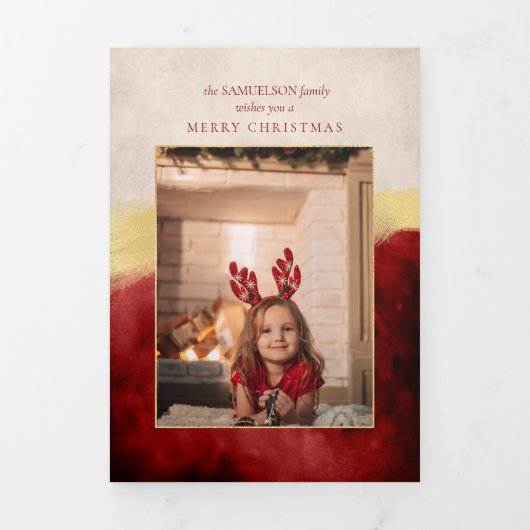 Elegant Artisan Red w/Gold Brush Streke Foto Drieluik Kaart (Cover)