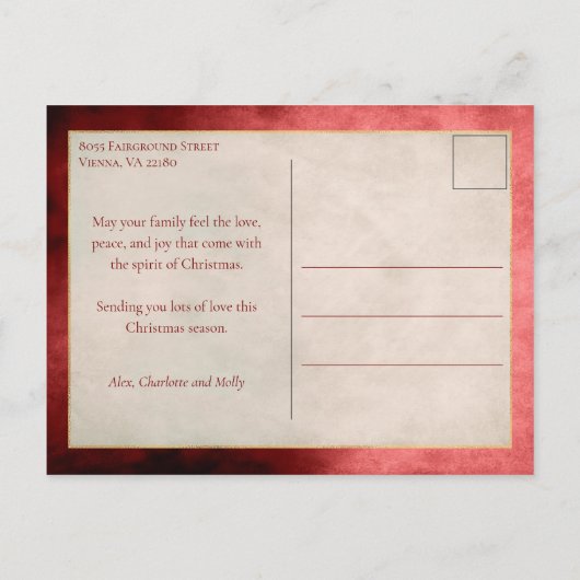 Elegant Artisan Red w/Gold Brush Streke Foto Feestdagenkaart (Achterkant)