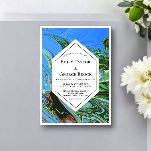 Elegant Artistic Blue Green Abstract Paint Wedding Acryl Uitnodigingen