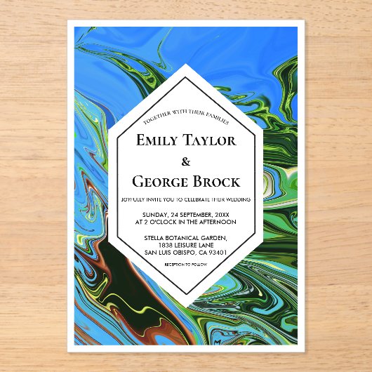 Elegant Artistic Blue Green Abstract Paint Wedding Acryl Uitnodigingen (Voorkant)