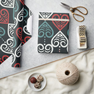 Elegant artistiek etnisch zwart rood wit patroon cadeaupapier