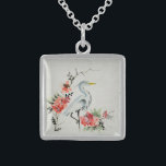 Elegant Asian Crane and Blossom Art Sterling Zilver Ketting<br><div class="desc">ingewikkelde kraan en bloemen Aziatisch schilderij.</div>