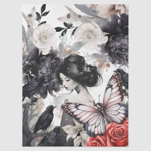 Elegant Asian Girl Raven Butterfly Decoupage Tissuepapier (Voorkant)
