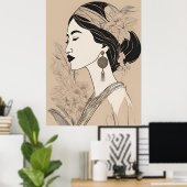 Elegant Asian Woman – Botanical Minimalist Line Ar Poster (Thuiskantoor)