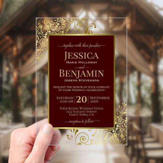 Elegant Auburn Brown & Gold Stylish Text Wedding Acryl Uitnodigingen