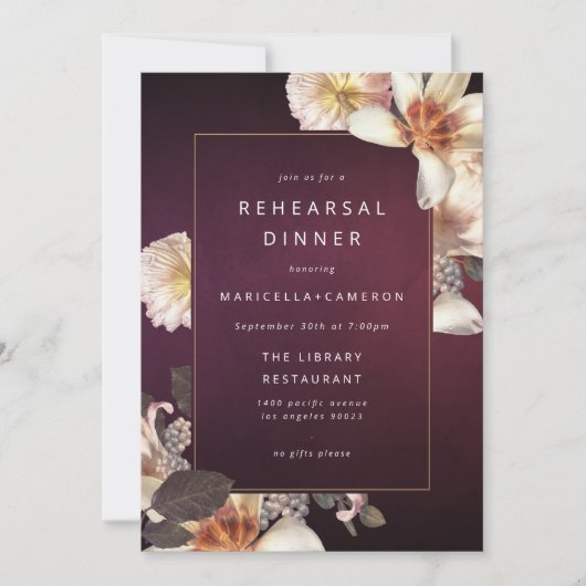 Elegant Autumn Floral Cream Plum Rehearsal Dinner Kaart (Voorkant)