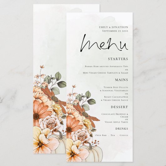 Elegant Autumn Floral Pumpkin Foliage Wedding Menu (Voorkant / Achterkant)