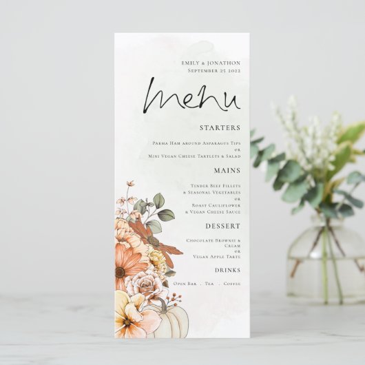 Elegant Autumn Floral Pumpkin Foliage Wedding Menu (Staand voorkant)