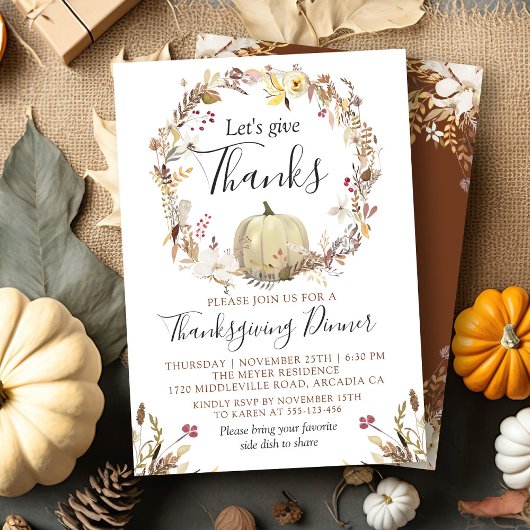 Elegant Autumn Floral Pumpkin Thanksgiving Dinner Kaart