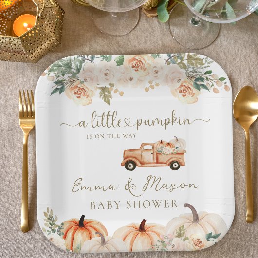 Elegant Autumn Floral Pumpkin Truck Baby Shower Papieren Bordje