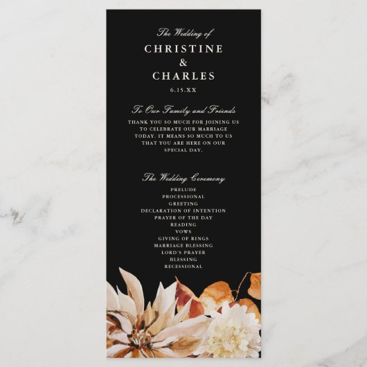 Elegant Autumn Floral Waterverf Wedding Ceremony Programmakaart (Voorkant)
