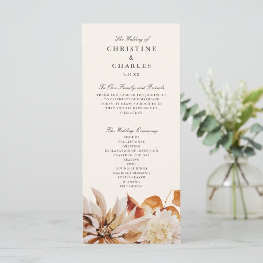 Elegant Autumn Floral Waterverf Wedding Ceremony Programmakaart (Staand voorkant)