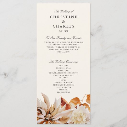 Elegant Autumn Floral Waterverf Wedding Ceremony Programmakaart (Voorkant)