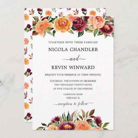 Elegant Autumn Floral Wedding Kaart (Voorkant / Achterkant)