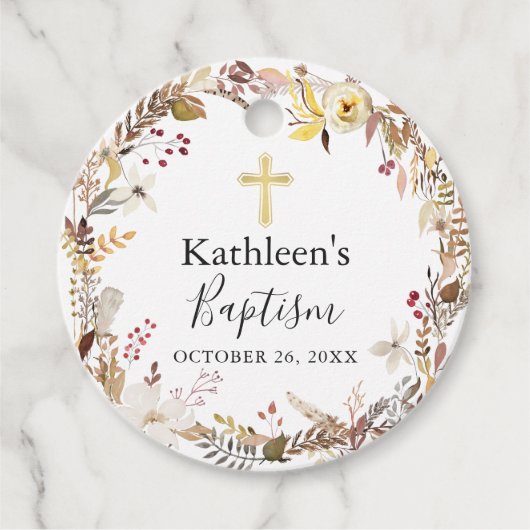 Elegant Autumn Floral Wreath Herfst Baptisme Bedankjes Labels (Voorkant)