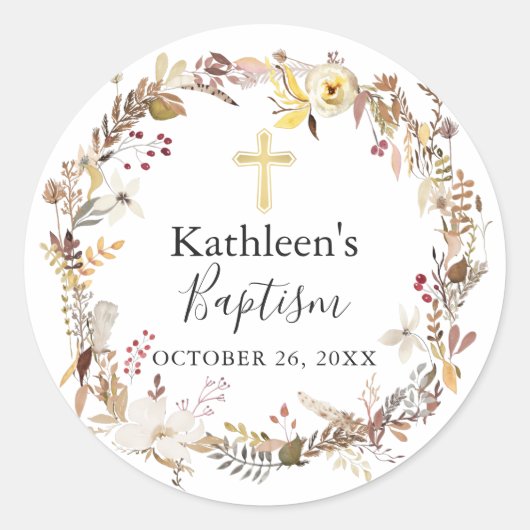 Elegant Autumn Floral Wreath Herfst Baptisme Ronde Sticker (Voorkant)