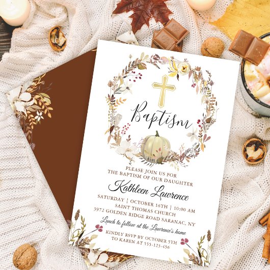 Elegant Autumn Floral Wreath Pumpkin Herfst Baptis Kaart