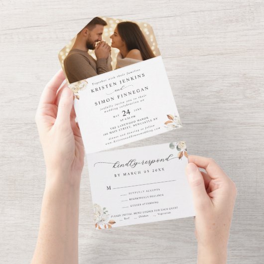 Elegant Autumn Flowers Script Photo Weddenschap All In One Uitnodiging (Afscheurbaar)
