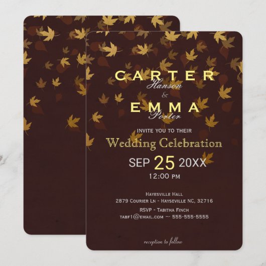 Elegant Autumn Golden Leaves Wedding Invitation Kaart (Voorkant / Achterkant)