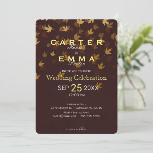 Elegant Autumn Golden Leaves Wedding Invitation Kaart (Staand voorkant)