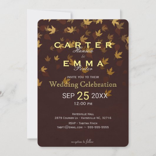 Elegant Autumn Golden Leaves Wedding Invitation Kaart (Voorkant)