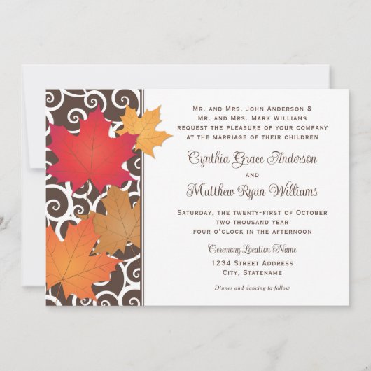 Elegant Autumn Leaves and Swirls Fall Wedding Kaart (Voorkant)