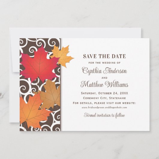 Elegant Autumn Leaves and Swirls Fall Wedding Save The Date (Voorkant)
