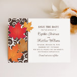 Elegant Autumn Leaves and Swirls Fall Wedding Save The Date<br><div class="desc">Formele en elegante herfst met de naam bruiloft,  behalve de datums/verlovingen aankondigingen,  is er een patroon van het scrollen van stalen en rode bladeren. Omvat douanetekst voor een website of andere belangrijke informatie. Rijke herfstkleuren zijn onder meer sinaasappel,  rood,  koper,  goud,  chocoladebruin en ivoor.</div>