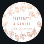 Elegant Autumn Leaves Copper Round Wedding Sticker<br><div class="desc">Pas deze Elegant en Chic Autumn bladeren Faux Copper Wedding Rond Stickers aan die met een schone witte achtergrond worden ontworpen. Ideaal voor een eenvoudige en stijlvolle valbruiloft. Houd er rekening mee dat het koper een kleurenafdruk is en in feite geen metalen kleur of folie is. Alle andere overeenkomende objecten...</div>