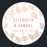Elegant Autumn Leaves Copper Round Wedding Sticker<br><div class="desc">Pas deze Elegant en Chic Autumn bladeren Faux Copper Wedding Rond Stickers aan die met een schone witte achtergrond worden ontworpen. Ideaal voor een eenvoudige en stijlvolle valbruiloft. Houd er rekening mee dat het koper een kleurenafdruk is en in feite geen metalen kleur of folie is. Alle andere overeenkomende objecten...</div>