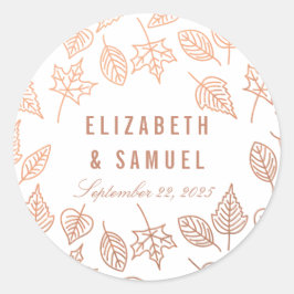 Elegant Autumn Leaves Copper Round Wedding Sticker