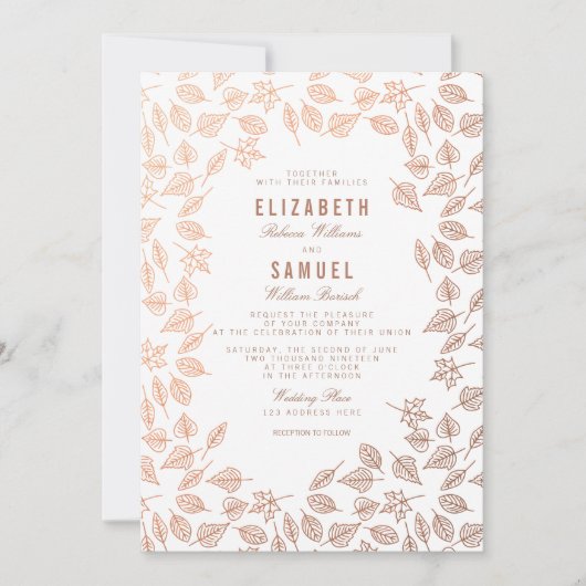 Elegant Autumn Leaves Copper Wedding Invitation Kaart (Voorkant)