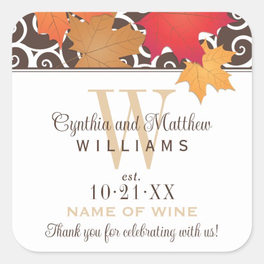Elegant Autumn Leaves Wedding Monogram Wine Vierkante Sticker (Voorkant)