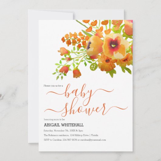 Elegant Autumn Oranje Waterverf Floral Shower Kaart (Voorkant)