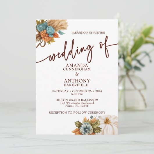 Elegant Autumn Pumpkin Fall Wedding Invitation Kaart (Staand voorkant)