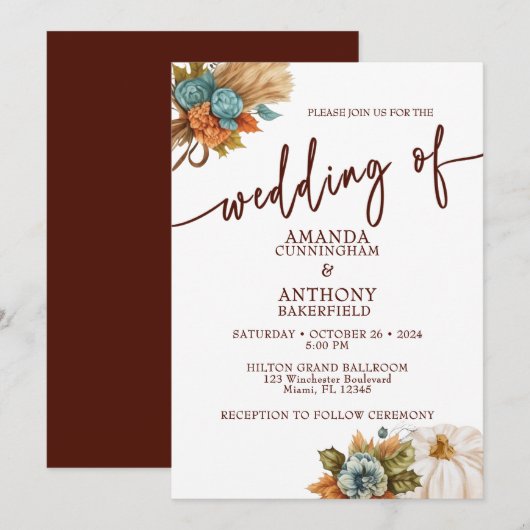 Elegant Autumn Pumpkin Fall Wedding Invitation Kaart (Voorkant / Achterkant)