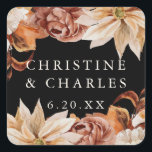 Elegant Autumn Waterverf Black Wedding Vierkante Sticker<br><div class="desc">Dit mooie trouwmodel is voorzien van een rand van waterverf bloemen in prachtige herfsttonen. De typografie is eenvoudig maar elegant. Pas het aan met jouw naam en trouwdatum. Deze stickers zijn een geweldige aanvulling op je huwelijksgunsten. U kunt hen ook gebruiken om de envelop van uw uitnodiging te versieren of...</div>