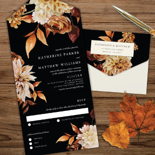 Elegant Autumn Waterverf Floral + Black Wedding All In One Uitnodiging