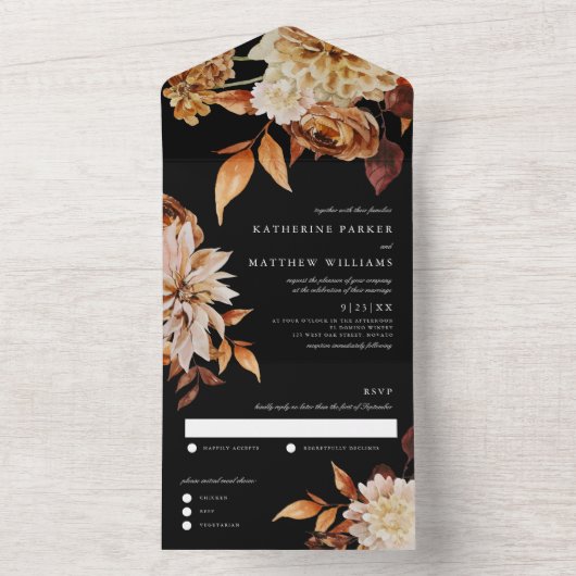 Elegant Autumn Waterverf Floral + Black Wedding All In One Uitnodiging (Binnen)