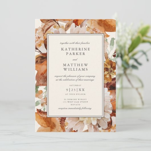 Elegant Autumn Waterverf Floral Lijst Wedding Kaart (Staand voorkant)