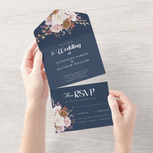 Elegant Autumn Waterverf Floral Wedding All In One Uitnodiging (Afscheurbaar)