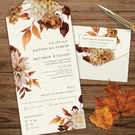 Elegant Autumn Waterverf Floral Wedding All In One Uitnodiging