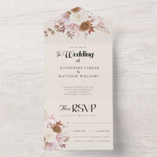 Elegant Autumn Waterverf Floral Wedding All In One Uitnodiging (Binnen)