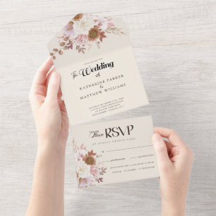 Elegant Autumn Waterverf Floral Wedding All In One Uitnodiging
