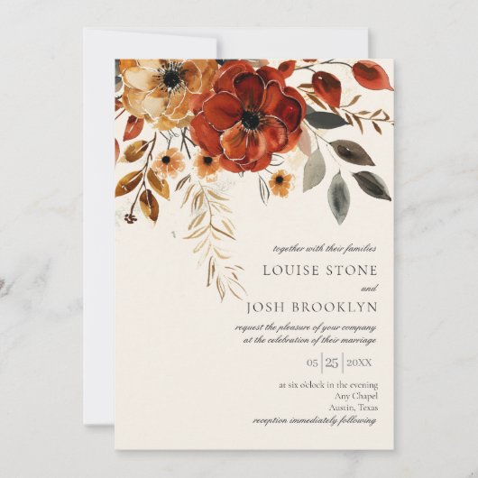 Elegant Autumn Waterverf Floral Wedding Kaart (Voorkant)