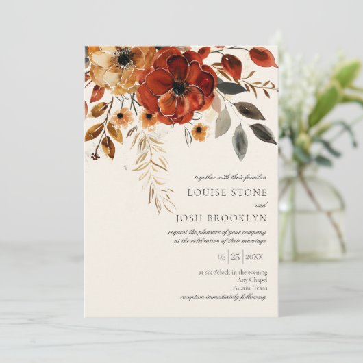 Elegant Autumn Waterverf Floral Wedding Kaart (Staand voorkant)
