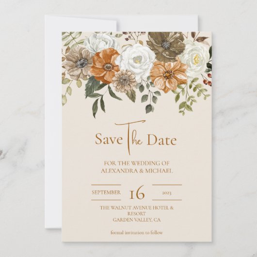 Elegant Autumn Waterverf Floral Wedding Save The Date (Voorkant)