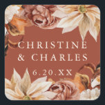 Elegant Autumn Waterverf Terracotta Wedding Vierkante Sticker<br><div class="desc">Dit mooie trouwmodel is voorzien van een rand van waterverf bloemen in prachtige herfsttonen. De typografie is eenvoudig maar elegant. Pas het aan met jouw naam en trouwdatum. Deze stickers zijn een geweldige aanvulling op je huwelijksgunsten. U kunt hen ook gebruiken om de envelop van uw uitnodiging te versieren of...</div>