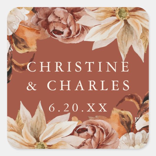 Elegant Autumn Waterverf Terracotta Wedding Vierkante Sticker (Voorkant)